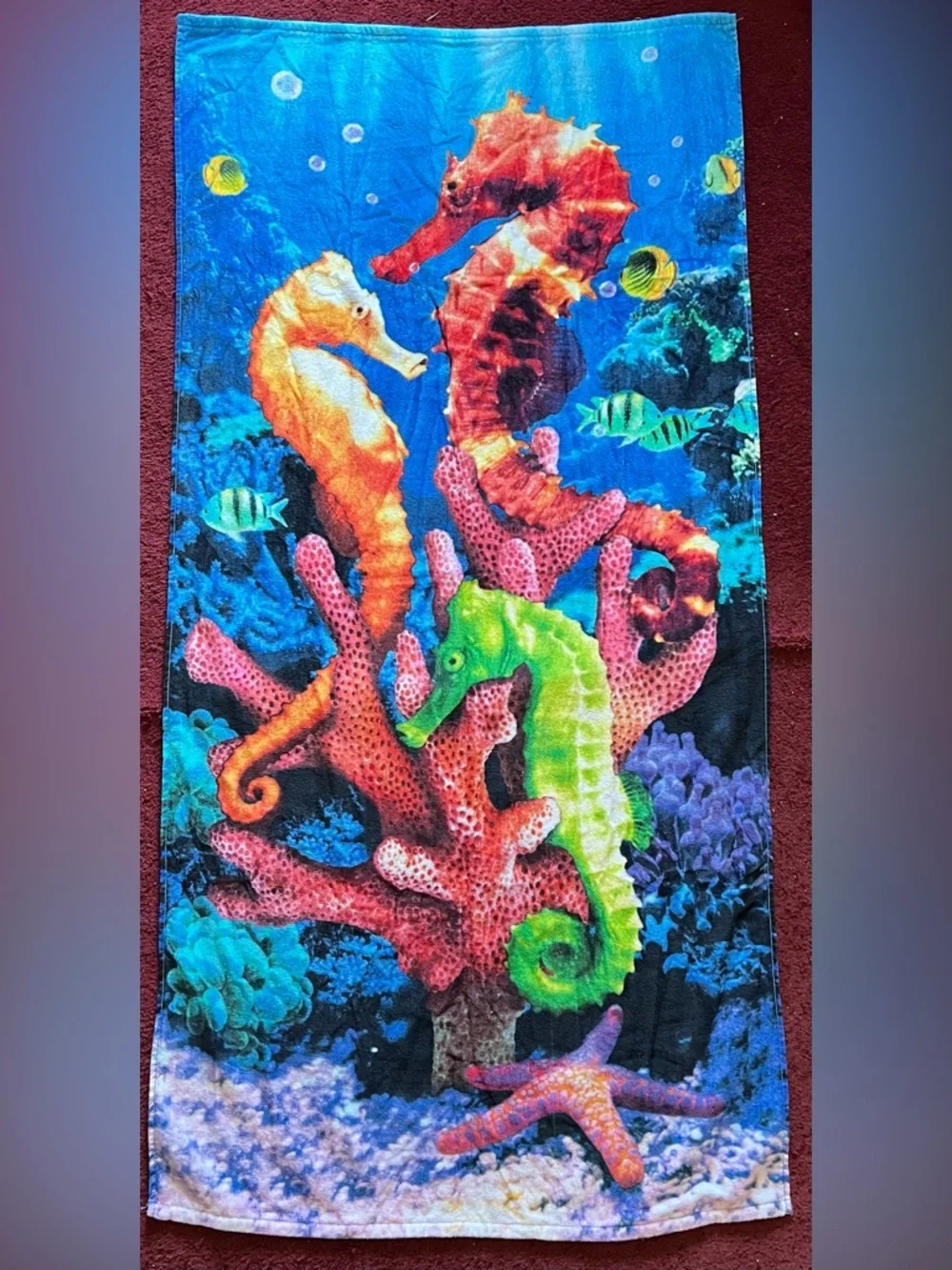 Colorful Tropical Coral and Seahorse Beach Towel